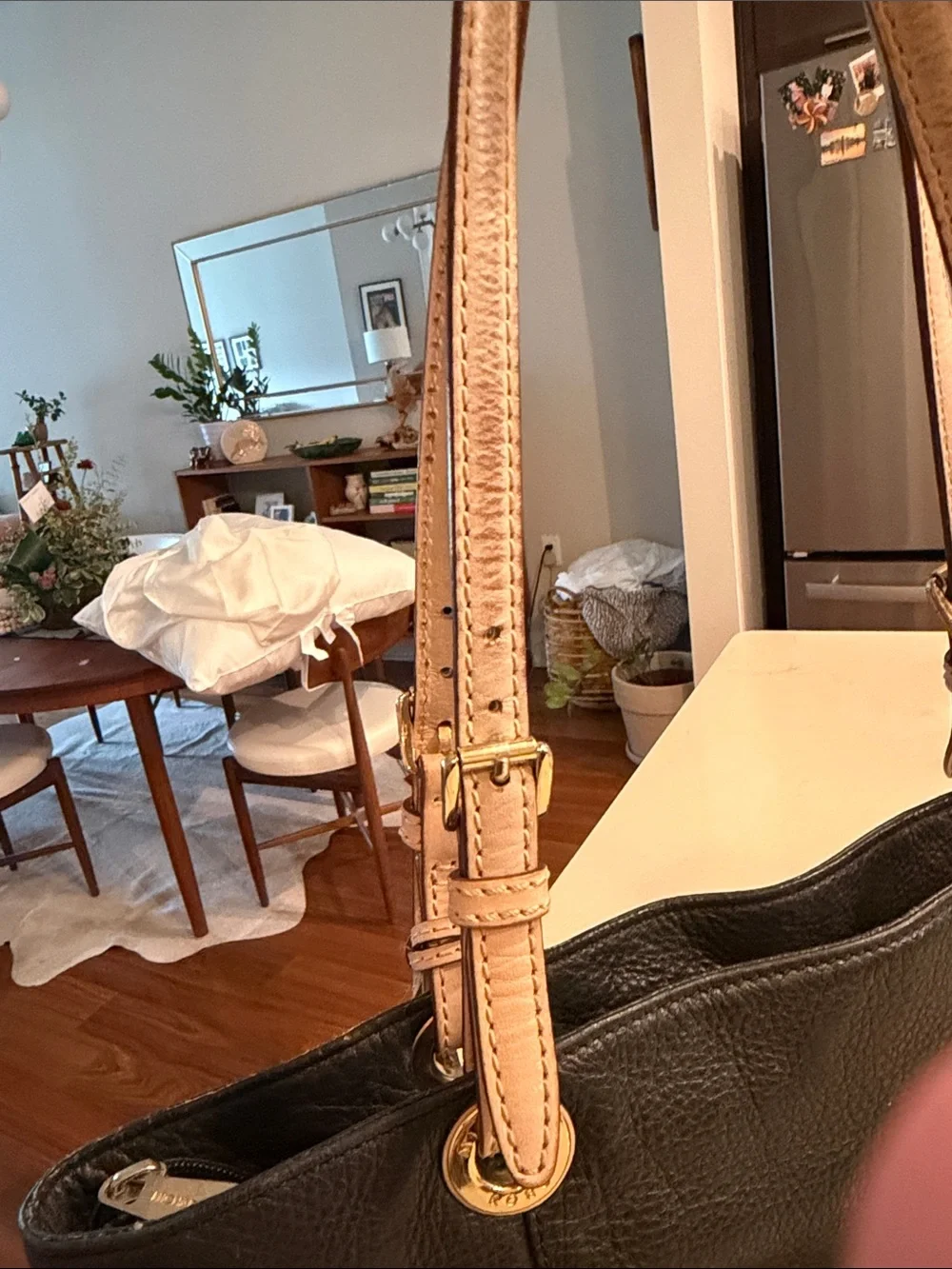 Michael Kors Black Leather Tote with Tan Straps and Gold MK Charm